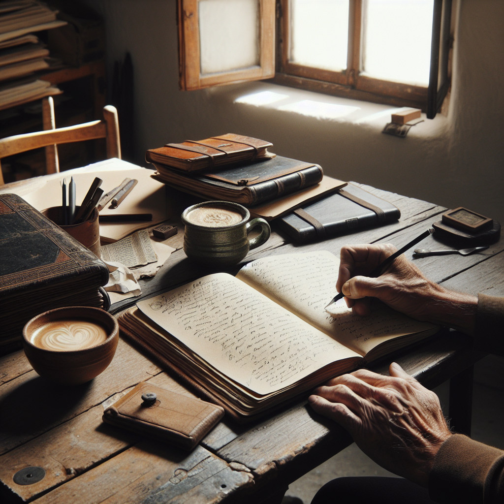 Detalle de un escritorio editorial en Madrid: cuaderno y café